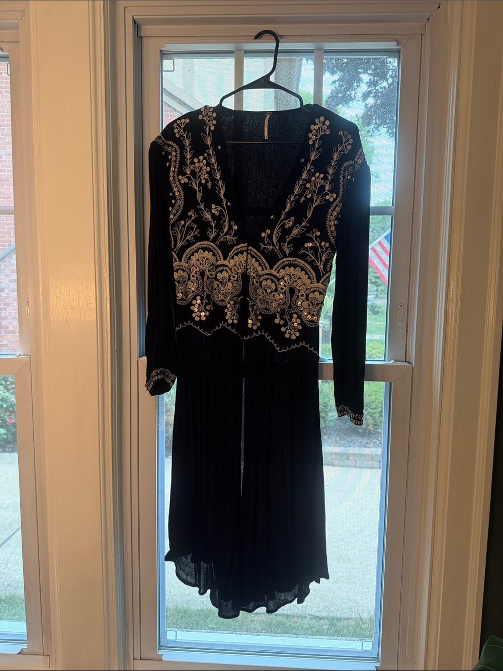 Free People Black Embroidered V-Neck Long Top